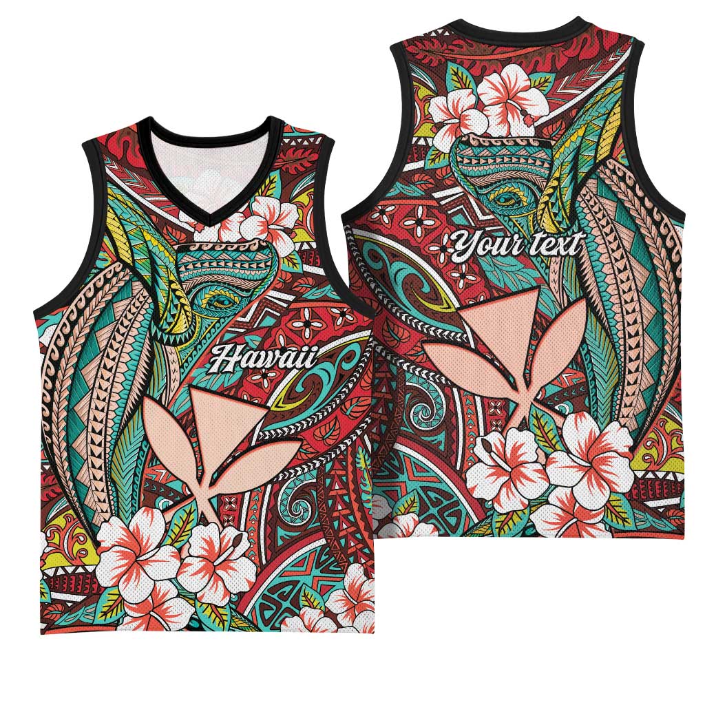 Personalised Hawaii Tribal Humpback Whale Basketball Jersey Ulaula Hibiscus Seamless Pattern LT9 - Polynesian Pride