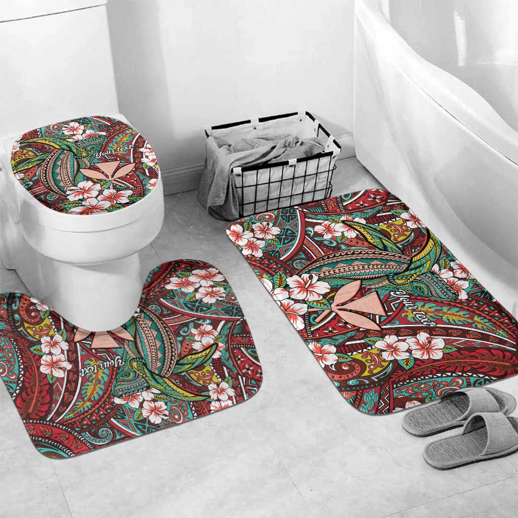 Personalised Hawaii Tribal Humpback Whale Bathroom Set Ulaula Hibiscus Seamless Pattern LT9 Mat Set Only (3 pcs) One Size Red - Polynesian Pride