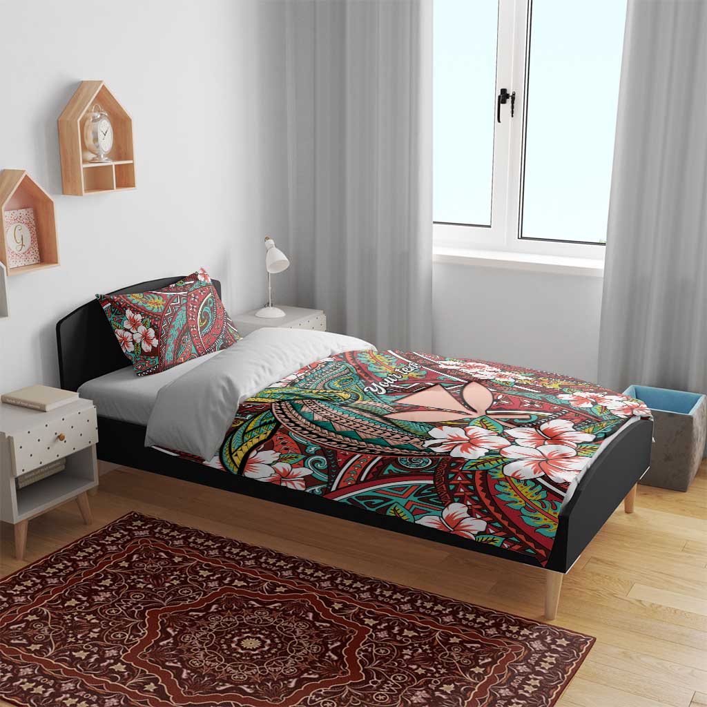 Personalised Hawaii Tribal Humpback Whale Bedding Set Ulaula Hibiscus Seamless Pattern LT9 - Polynesian Pride