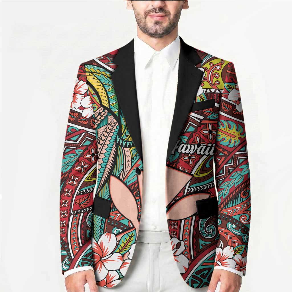 Personalised Hawaii Tribal Humpback Whale Blazer Ulaula Hibiscus Seamless Pattern LT9 - Polynesian Pride