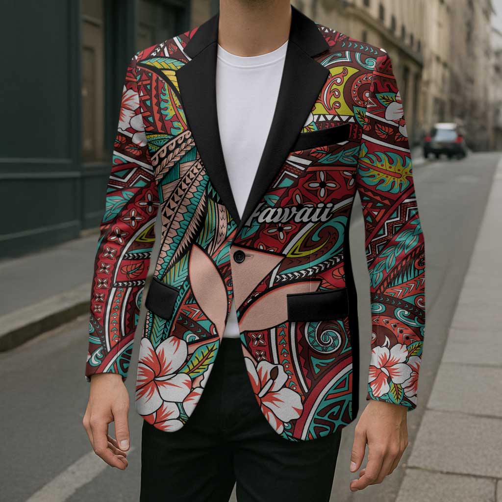 Personalised Hawaii Tribal Humpback Whale Blazer Ulaula Hibiscus Seamless Pattern LT9 - Polynesian Pride