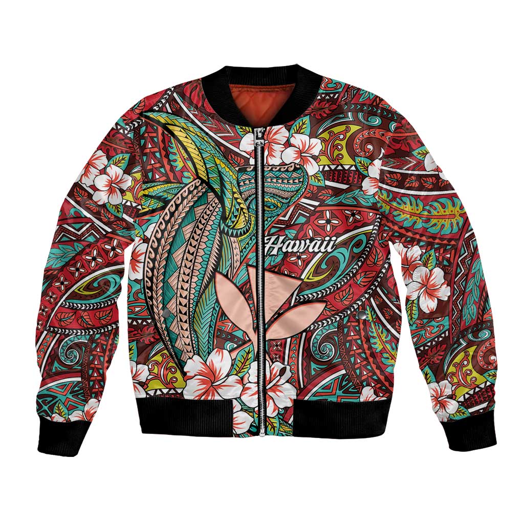 Personalised Hawaii Tribal Humpback Whale Bomber Jacket Ulaula Hibiscus Seamless Pattern LT9 Unisex Red - Polynesian Pride