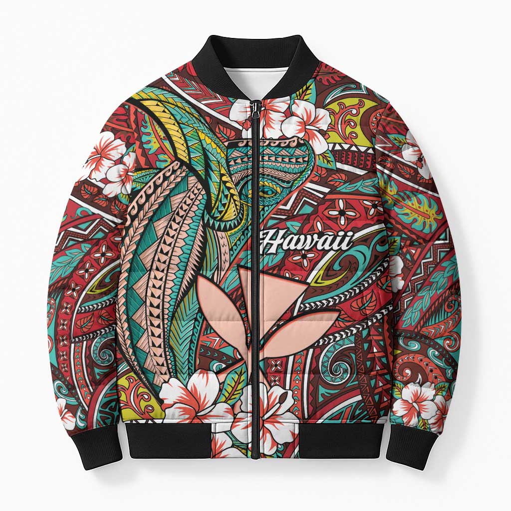 Personalised Hawaii Tribal Humpback Whale Bomber Puffer Jacket Ulaula Hibiscus Seamless Pattern LT9 Unisex Red - Polynesian Pride
