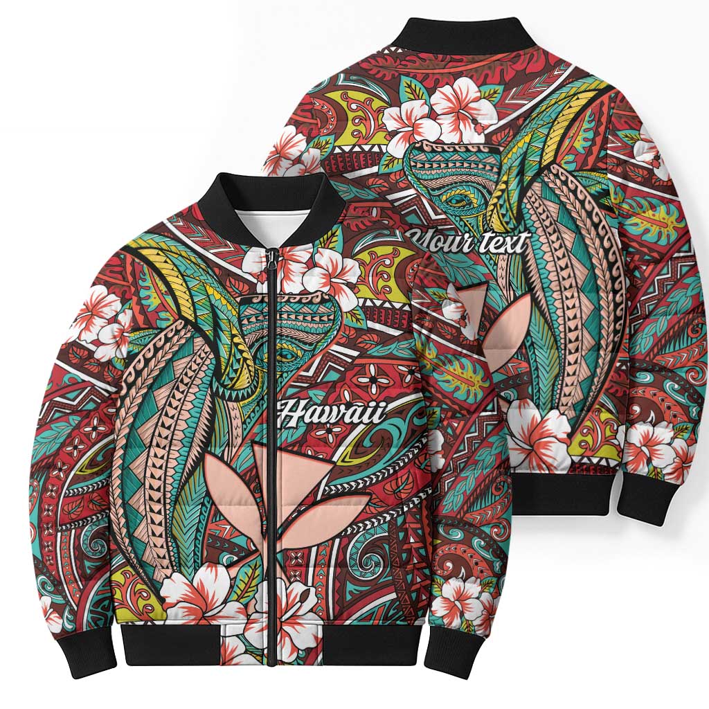 Personalised Hawaii Tribal Humpback Whale Bomber Puffer Jacket Ulaula Hibiscus Seamless Pattern LT9 - Polynesian Pride