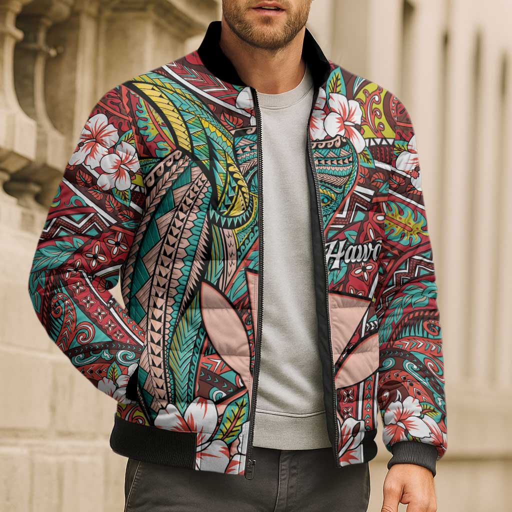 Personalised Hawaii Tribal Humpback Whale Bomber Puffer Jacket Ulaula Hibiscus Seamless Pattern LT9 - Polynesian Pride
