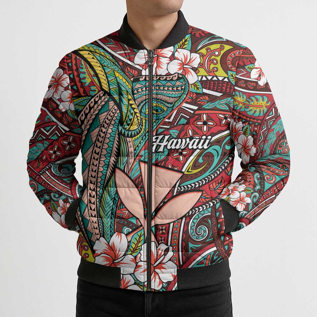 Personalised Hawaii Tribal Humpback Whale Bomber Puffer Jacket Ulaula Hibiscus Seamless Pattern LT9 - Polynesian Pride