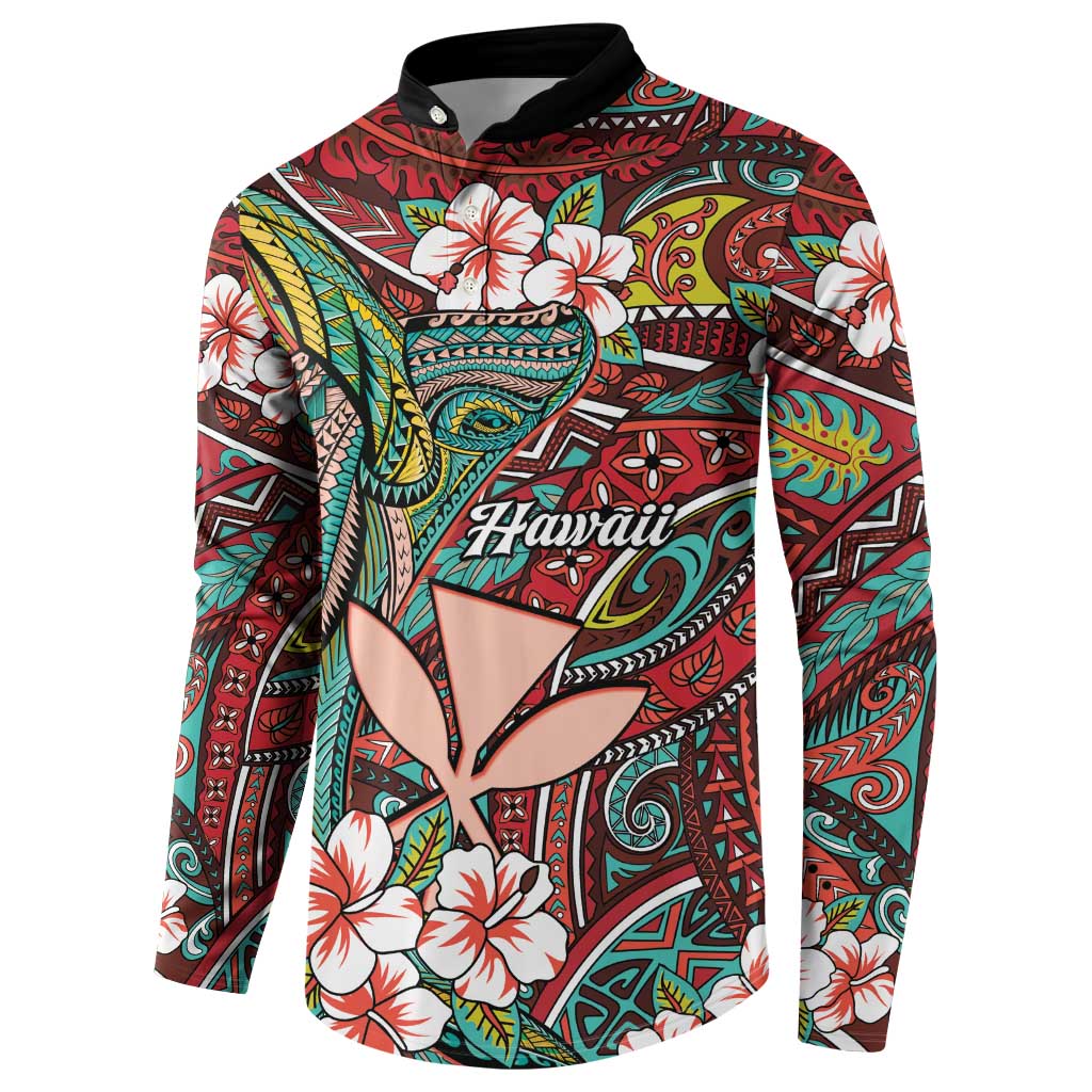 Personalised Hawaii Tribal Humpback Whale Button Sweatshirt Ulaula Hibiscus Seamless Pattern LT9 - Polynesian Pride