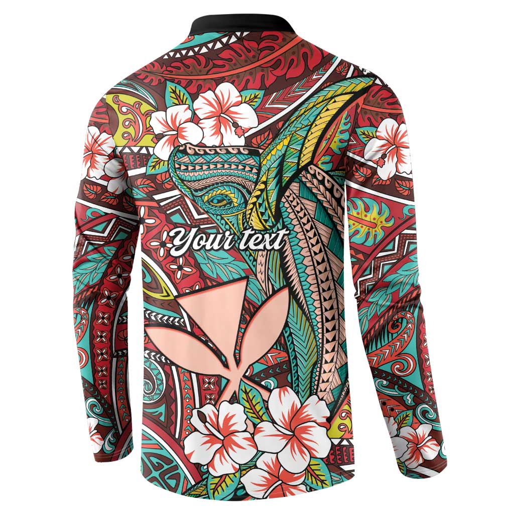 Personalised Hawaii Tribal Humpback Whale Button Sweatshirt Ulaula Hibiscus Seamless Pattern LT9 - Polynesian Pride