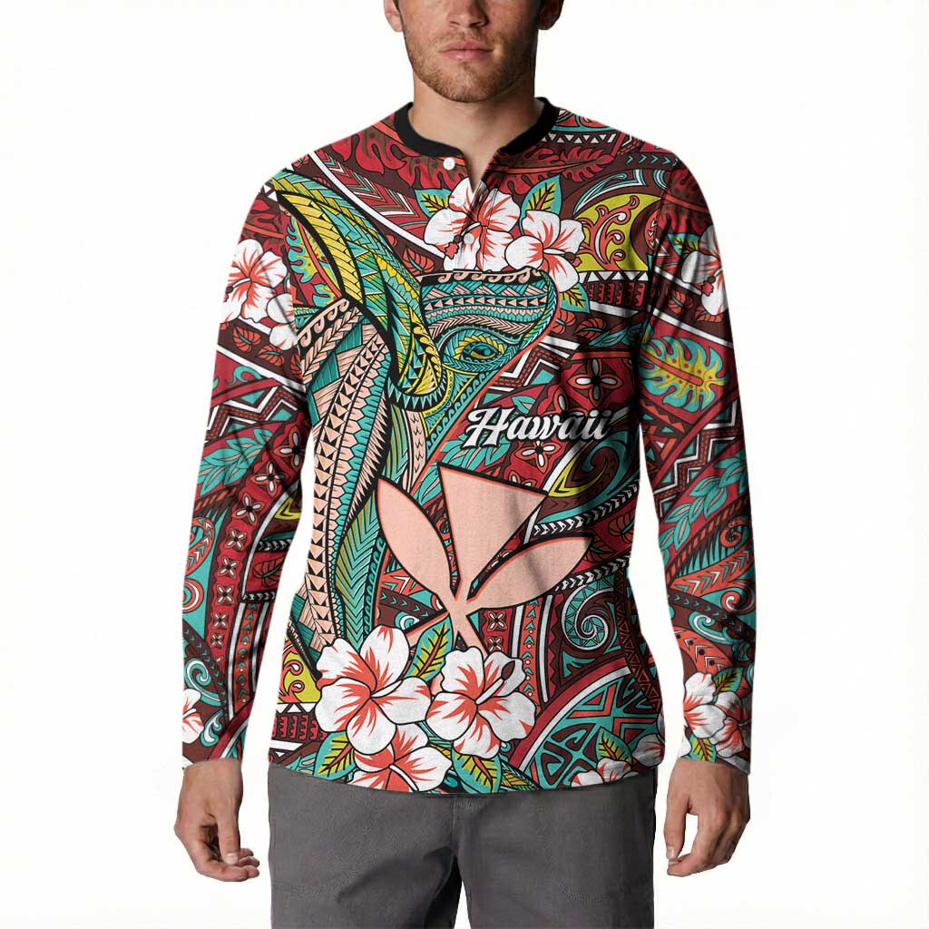 Personalised Hawaii Tribal Humpback Whale Button Sweatshirt Ulaula Hibiscus Seamless Pattern LT9 - Polynesian Pride