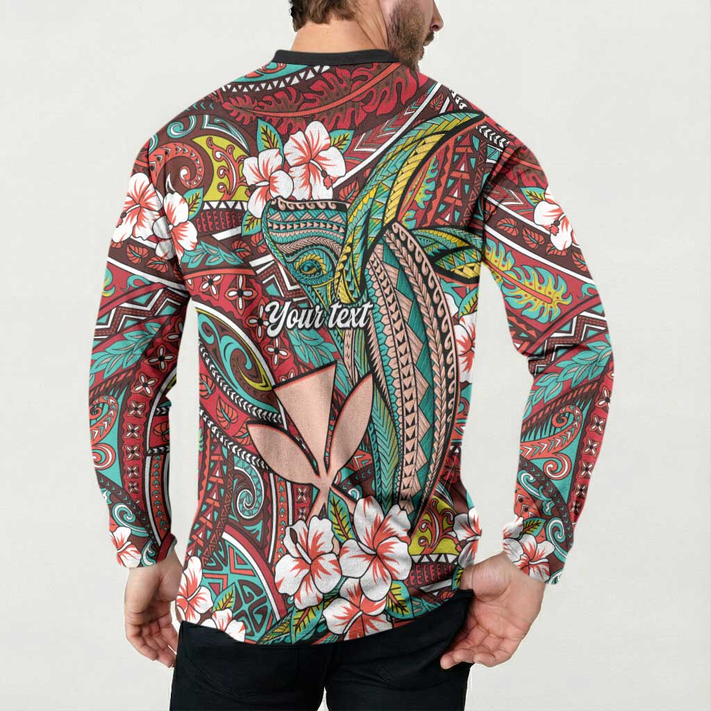 Personalised Hawaii Tribal Humpback Whale Button Sweatshirt Ulaula Hibiscus Seamless Pattern LT9 - Polynesian Pride
