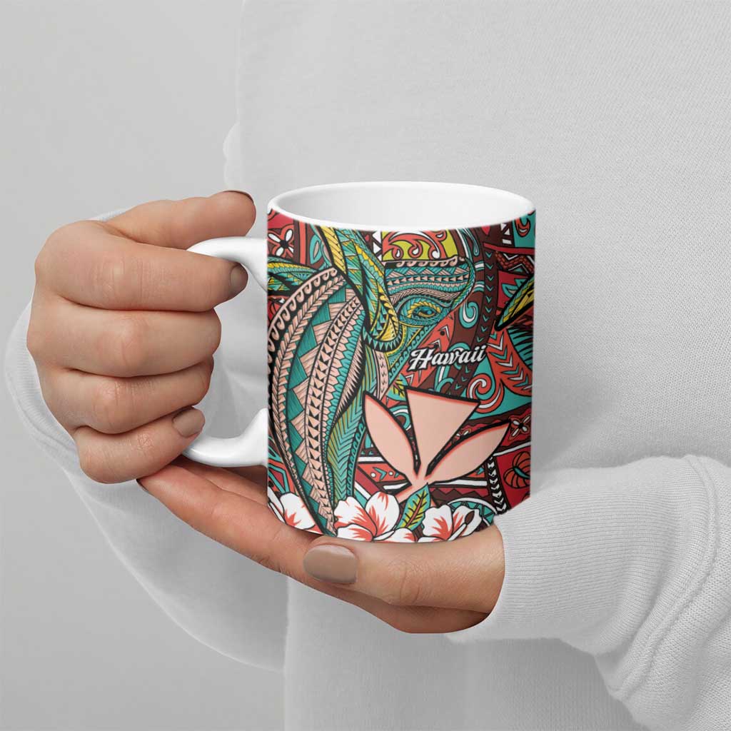 Personalised Hawaii Tribal Humpback Whale Ceramic Mug Ulaula Hibiscus Seamless Pattern LT9 - Polynesian Pride