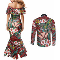 Personalised Hawaii Tribal Humpback Whale Couples Matching Mermaid Dress and Long Sleeve Button Shirt Ulaula Hibiscus Seamless Pattern