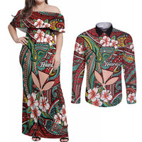 Personalised Hawaii Tribal Humpback Whale Couples Matching Off Shoulder Maxi Dress and Long Sleeve Button Shirt Ulaula Hibiscus Seamless Pattern LT9 Red - Polynesian Pride