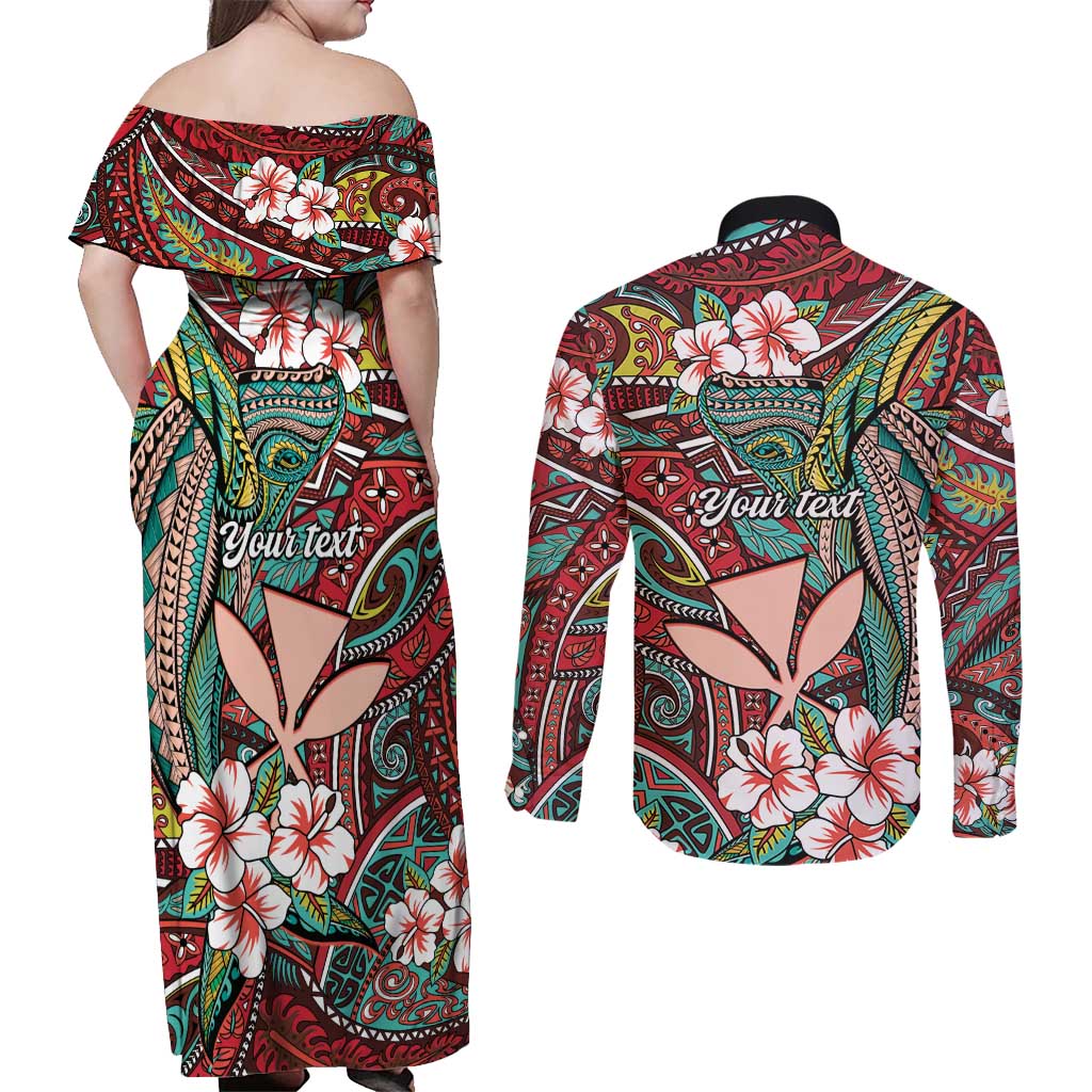 Personalised Hawaii Tribal Humpback Whale Couples Matching Off Shoulder Maxi Dress and Long Sleeve Button Shirt Ulaula Hibiscus Seamless Pattern LT9 - Polynesian Pride