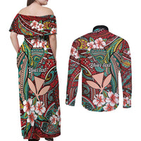 Personalised Hawaii Tribal Humpback Whale Couples Matching Off Shoulder Maxi Dress and Long Sleeve Button Shirt Ulaula Hibiscus Seamless Pattern LT9 - Polynesian Pride