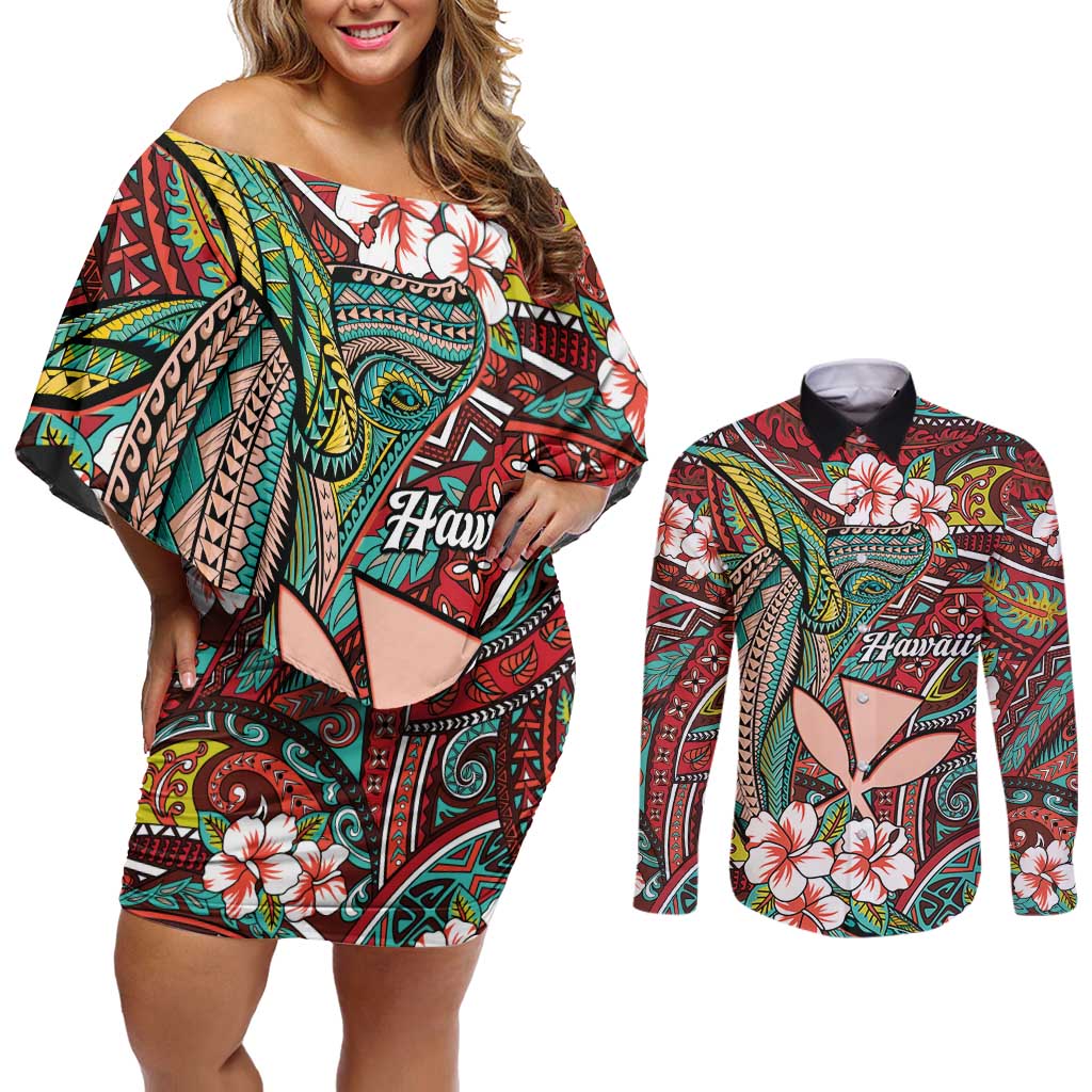 Personalised Hawaii Tribal Humpback Whale Couples Matching Off Shoulder Short Dress and Long Sleeve Button Shirt Ulaula Hibiscus Seamless Pattern LT9 Red - Polynesian Pride