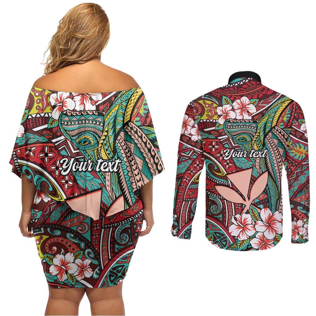 Personalised Hawaii Tribal Humpback Whale Couples Matching Off Shoulder Short Dress and Long Sleeve Button Shirt Ulaula Hibiscus Seamless Pattern LT9 - Polynesian Pride
