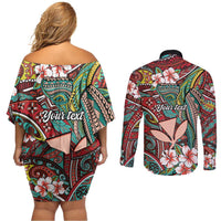 Personalised Hawaii Tribal Humpback Whale Couples Matching Off Shoulder Short Dress and Long Sleeve Button Shirt Ulaula Hibiscus Seamless Pattern LT9 - Polynesian Pride