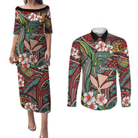 Personalised Hawaii Tribal Humpback Whale Couples Matching Puletasi and Long Sleeve Button Shirt Ulaula Hibiscus Seamless Pattern LT9 Red - Polynesian Pride
