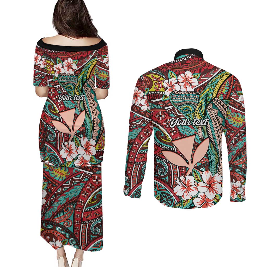 Personalised Hawaii Tribal Humpback Whale Couples Matching Puletasi and Long Sleeve Button Shirt Ulaula Hibiscus Seamless Pattern LT9 - Polynesian Pride