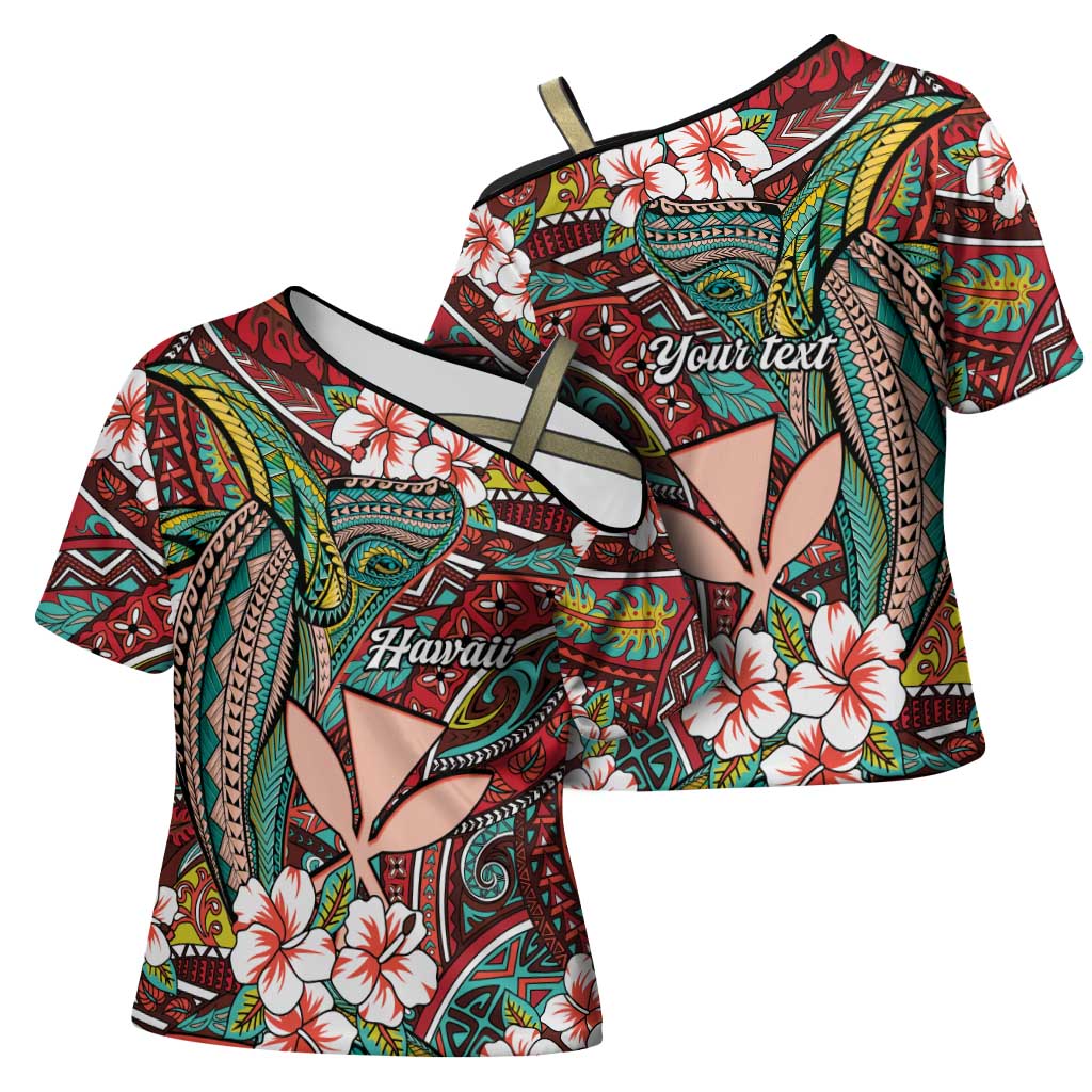 Personalised Hawaii Tribal Humpback Whale Cross Shoulder Shirt Ulaula Hibiscus Seamless Pattern LT9 - Polynesian Pride