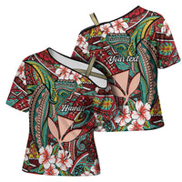 Personalised Hawaii Tribal Humpback Whale Cross Shoulder Shirt Ulaula Hibiscus Seamless Pattern LT9 - Polynesian Pride