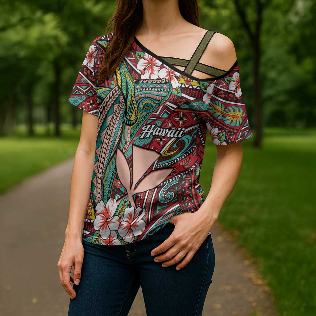 Personalised Hawaii Tribal Humpback Whale Cross Shoulder Shirt Ulaula Hibiscus Seamless Pattern LT9 - Polynesian Pride