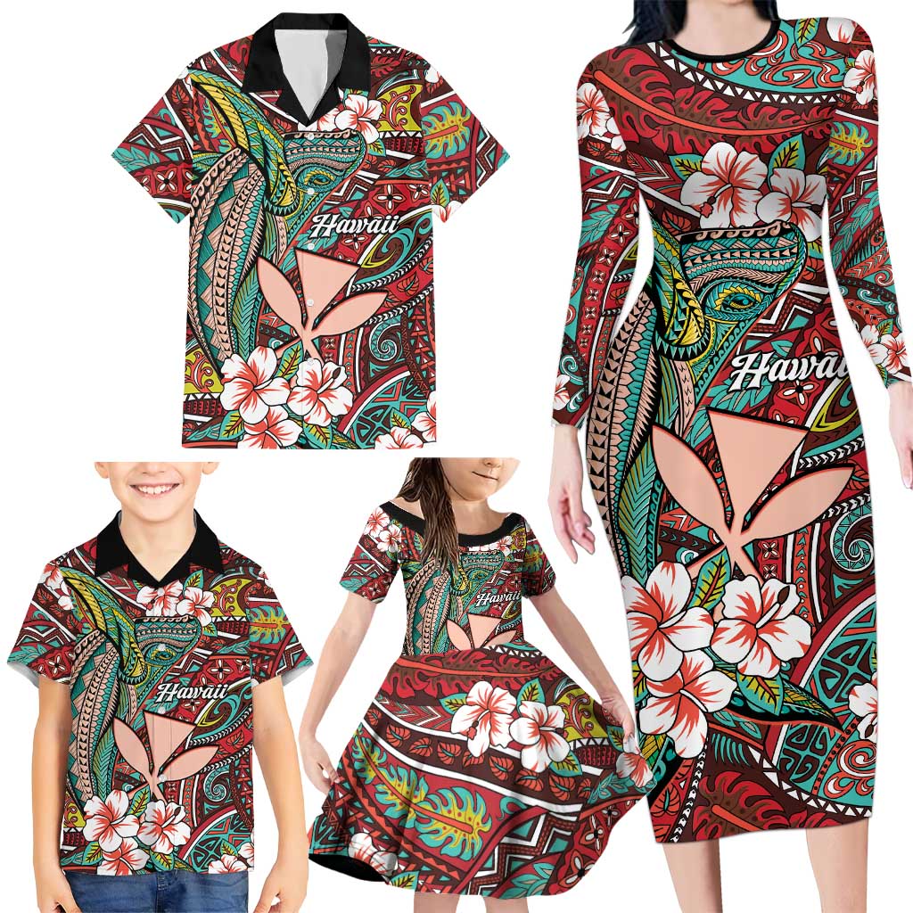 Personalised Hawaii Tribal Humpback Whale Family Matching Long Sleeve Bodycon Dress and Hawaiian Shirt Ulaula Hibiscus Seamless Pattern