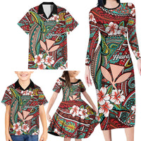 Personalised Hawaii Tribal Humpback Whale Family Matching Long Sleeve Bodycon Dress and Hawaiian Shirt Ulaula Hibiscus Seamless Pattern
