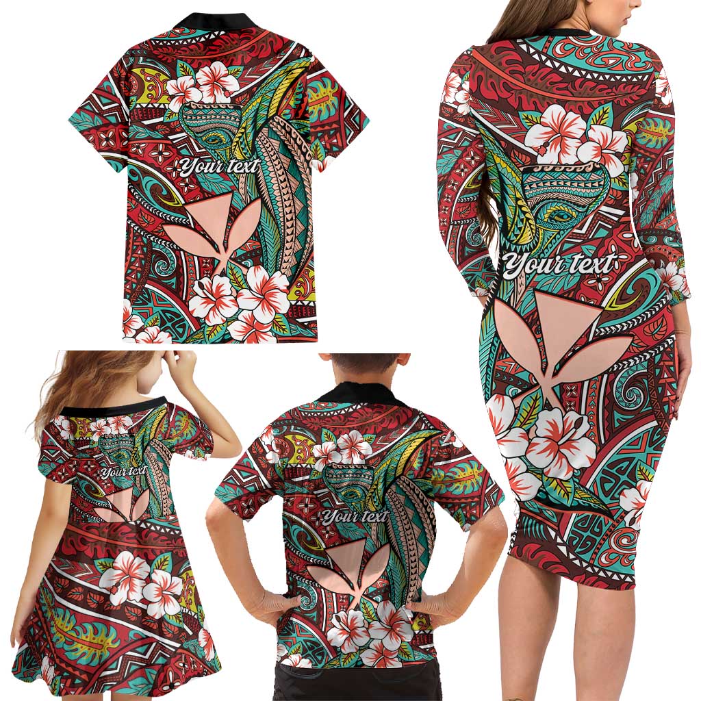 Personalised Hawaii Tribal Humpback Whale Family Matching Long Sleeve Bodycon Dress and Hawaiian Shirt Ulaula Hibiscus Seamless Pattern