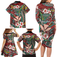 Personalised Hawaii Tribal Humpback Whale Family Matching Long Sleeve Bodycon Dress and Hawaiian Shirt Ulaula Hibiscus Seamless Pattern