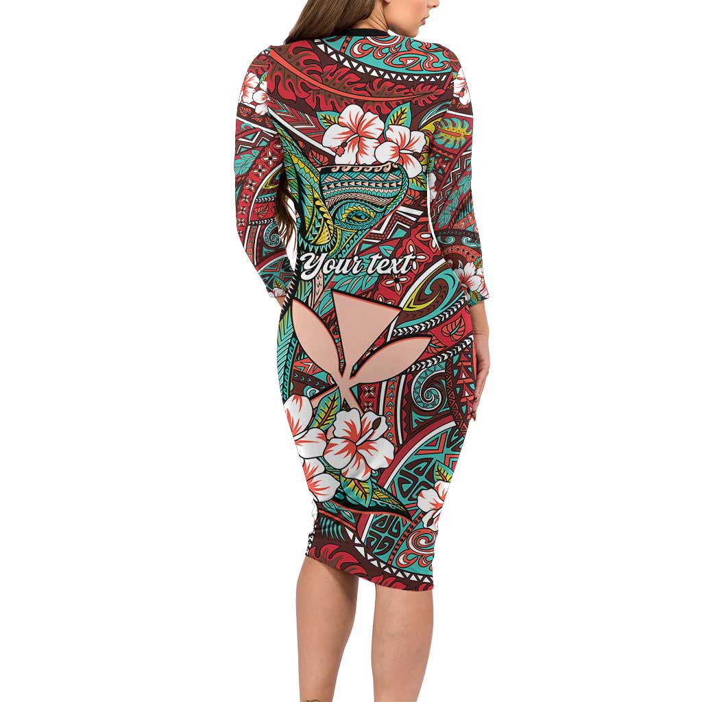 Personalised Hawaii Tribal Humpback Whale Family Matching Long Sleeve Bodycon Dress and Hawaiian Shirt Ulaula Hibiscus Seamless Pattern