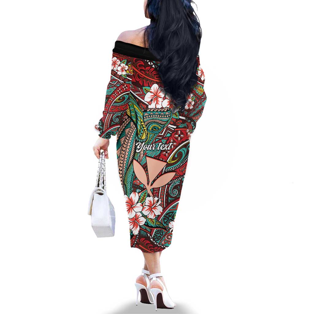 Personalised Hawaii Tribal Humpback Whale Family Matching Off The Shoulder Long Sleeve Dress and Hawaiian Shirt Ulaula Hibiscus Seamless Pattern