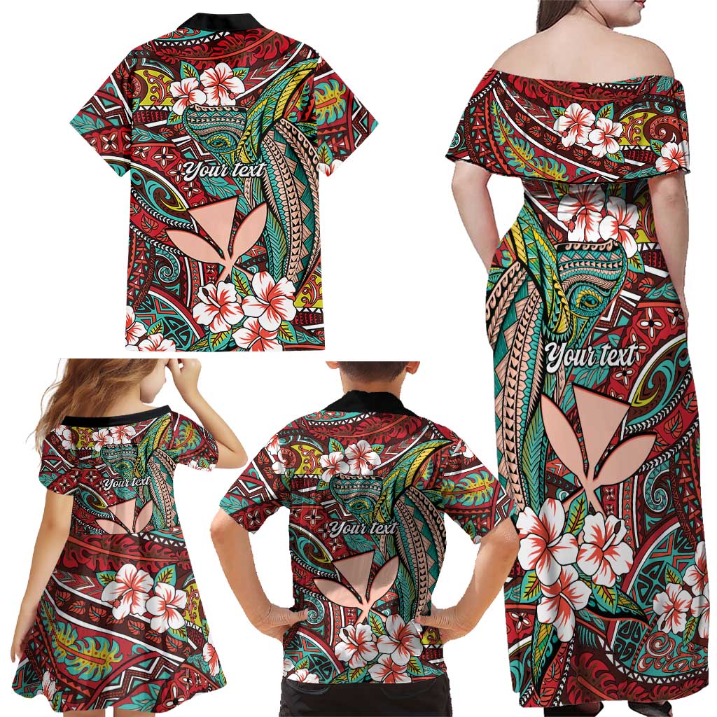Personalised Hawaii Tribal Humpback Whale Family Matching Off Shoulder Maxi Dress and Hawaiian Shirt Ulaula Hibiscus Seamless Pattern