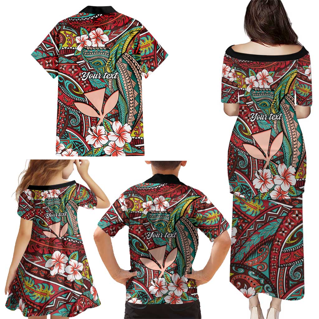Personalised Hawaii Tribal Humpback Whale Family Matching Puletasi and Hawaiian Shirt Ulaula Hibiscus Seamless Pattern