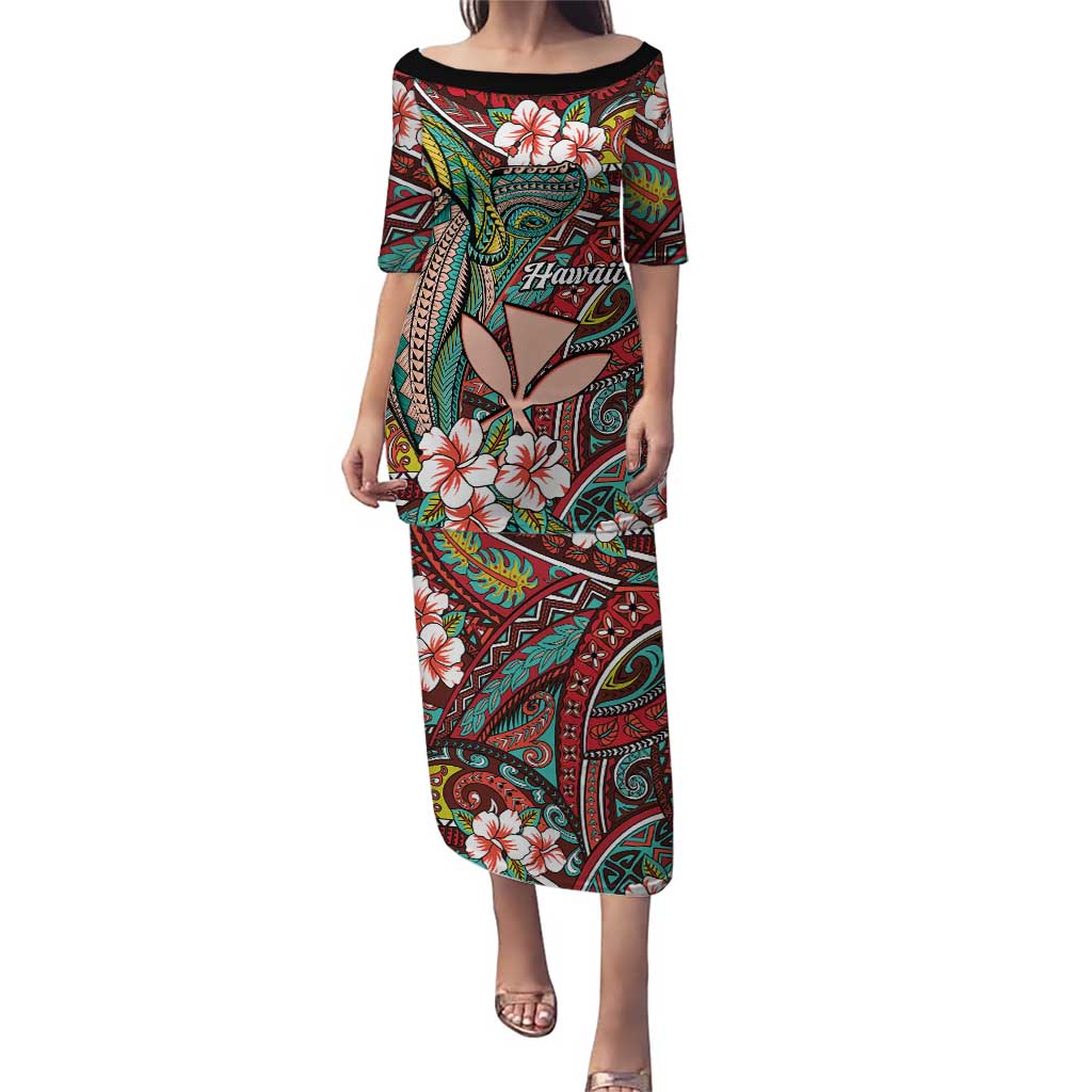 Personalised Hawaii Tribal Humpback Whale Family Matching Puletasi and Hawaiian Shirt Ulaula Hibiscus Seamless Pattern
