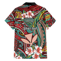 Personalised Hawaii Tribal Humpback Whale Family Matching Short Sleeve Bodycon Dress and Hawaiian Shirt Ulaula Hibiscus Seamless Pattern