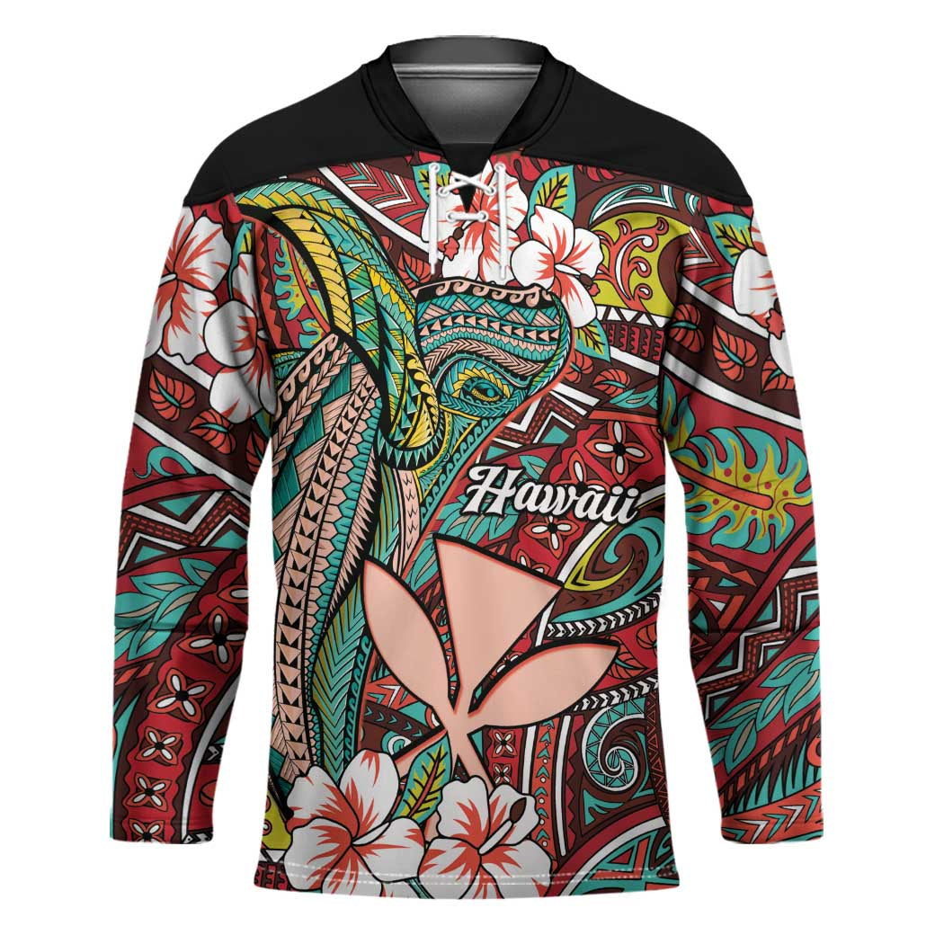 Personalised Hawaii Tribal Humpback Whale Hockey Jersey Ulaula Hibiscus Seamless Pattern