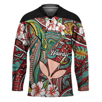 Personalised Hawaii Tribal Humpback Whale Hockey Jersey Ulaula Hibiscus Seamless Pattern