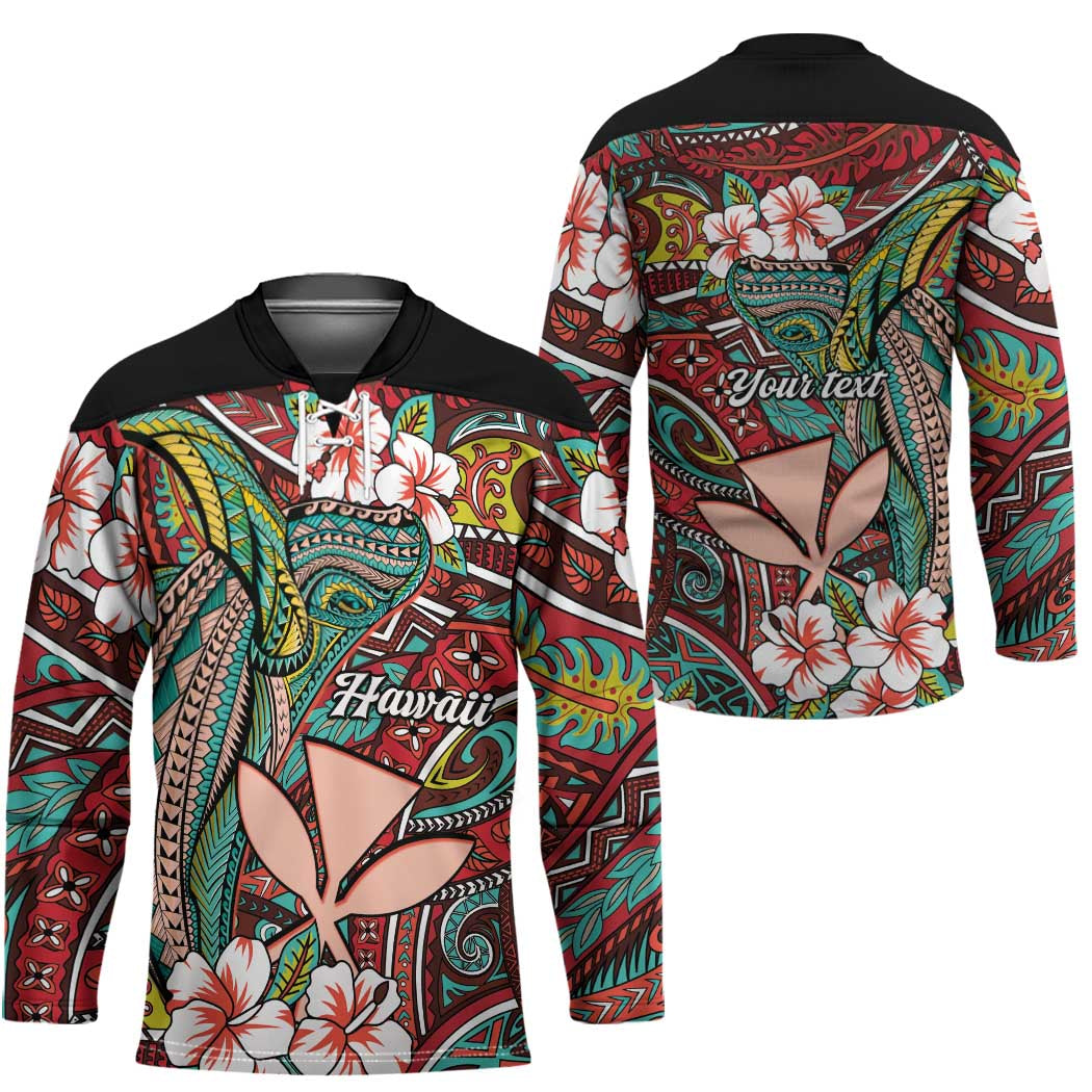Personalised Hawaii Tribal Humpback Whale Hockey Jersey Ulaula Hibiscus Seamless Pattern