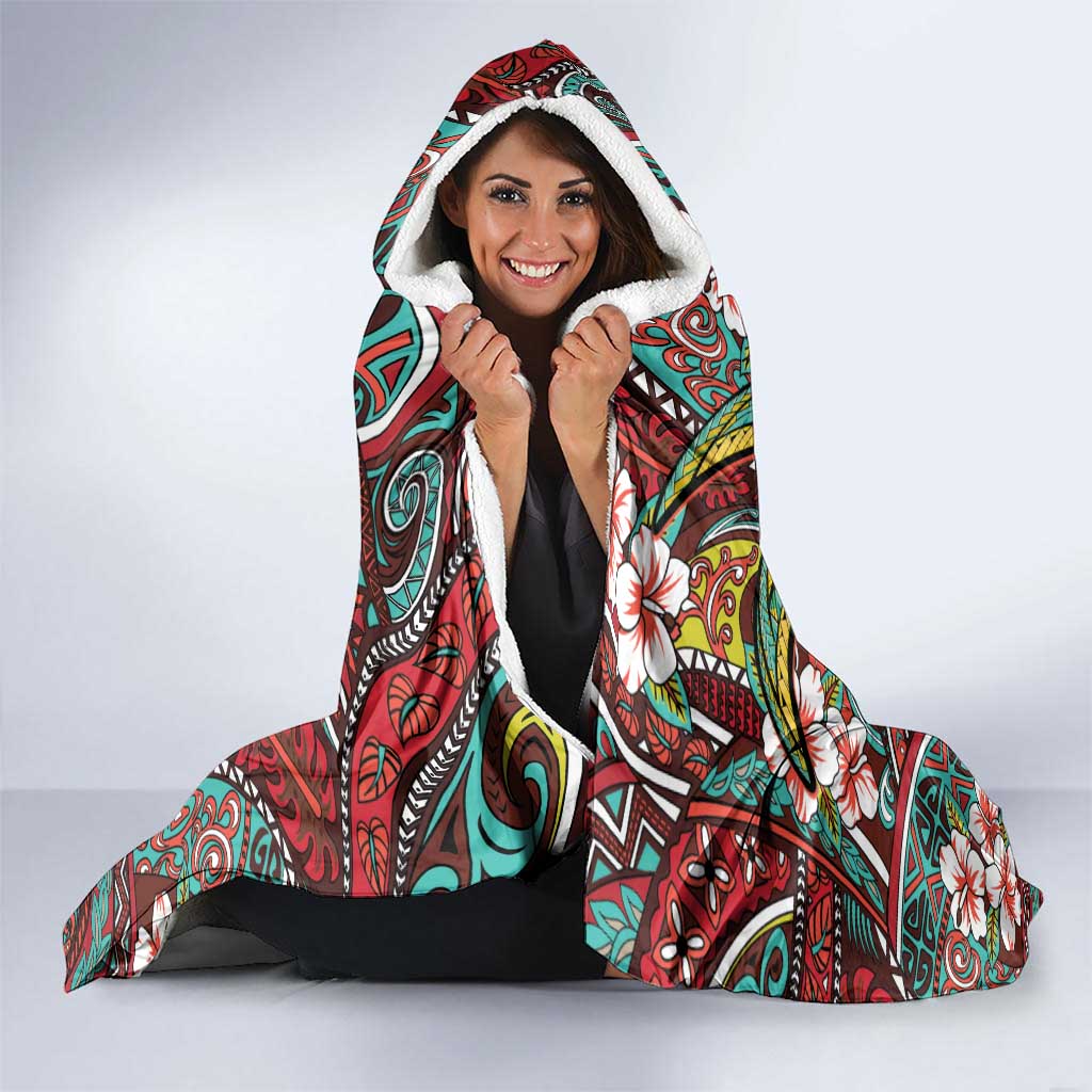 Personalised Hawaii Tribal Humpback Whale Hooded Blanket Ulaula Hibiscus Seamless Pattern LT9 - Polynesian Pride