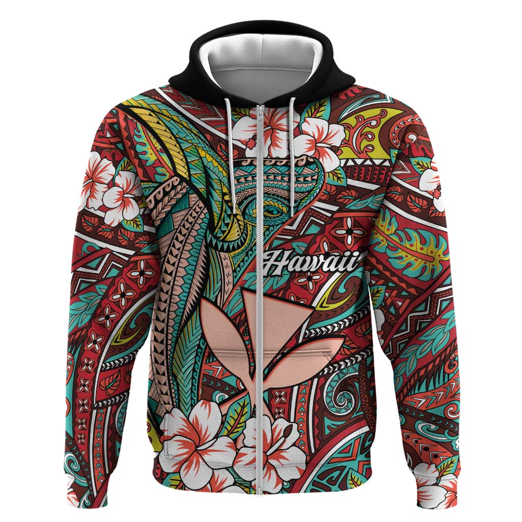 Personalised Hawaii Tribal Humpback Whale Hoodie Ulaula Hibiscus Seamless Pattern LT9 Zip Hoodie Red - Polynesian Pride