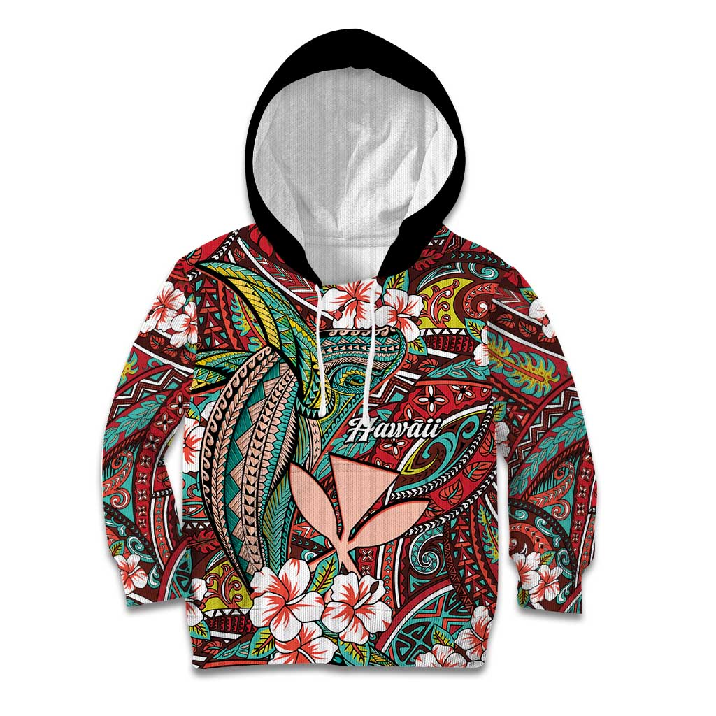 Personalised Hawaii Tribal Humpback Whale Kid Hoodie Ulaula Hibiscus Seamless Pattern LT9 Hoodie Red - Polynesian Pride