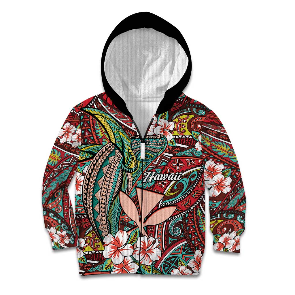 Personalised Hawaii Tribal Humpback Whale Kid Hoodie Ulaula Hibiscus Seamless Pattern LT9 Zip Hoodie Red - Polynesian Pride