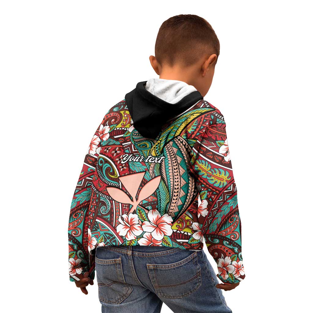 Personalised Hawaii Tribal Humpback Whale Kid Hoodie Ulaula Hibiscus Seamless Pattern LT9 - Polynesian Pride