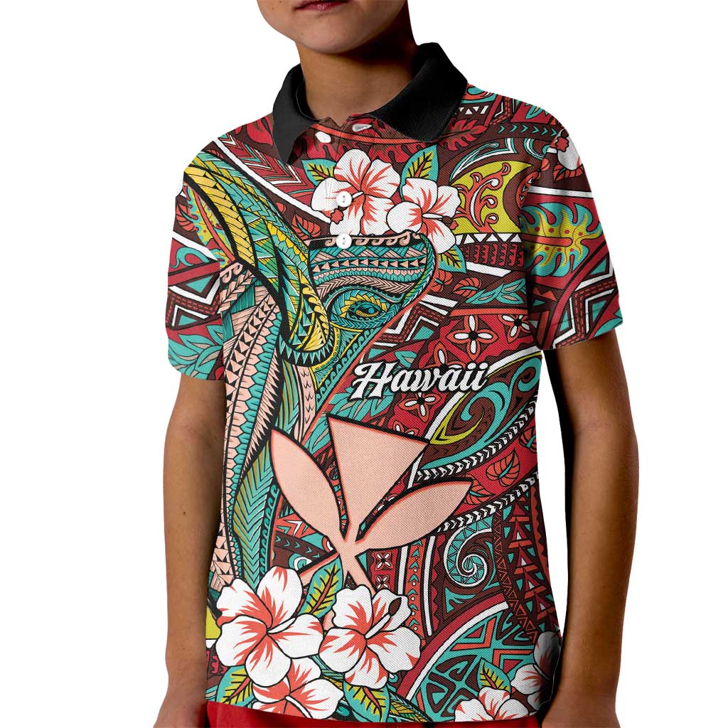 Personalised Hawaii Tribal Humpback Whale Kid Polo Shirt Ulaula Hibiscus Seamless Pattern LT9 Kid Red - Polynesian Pride