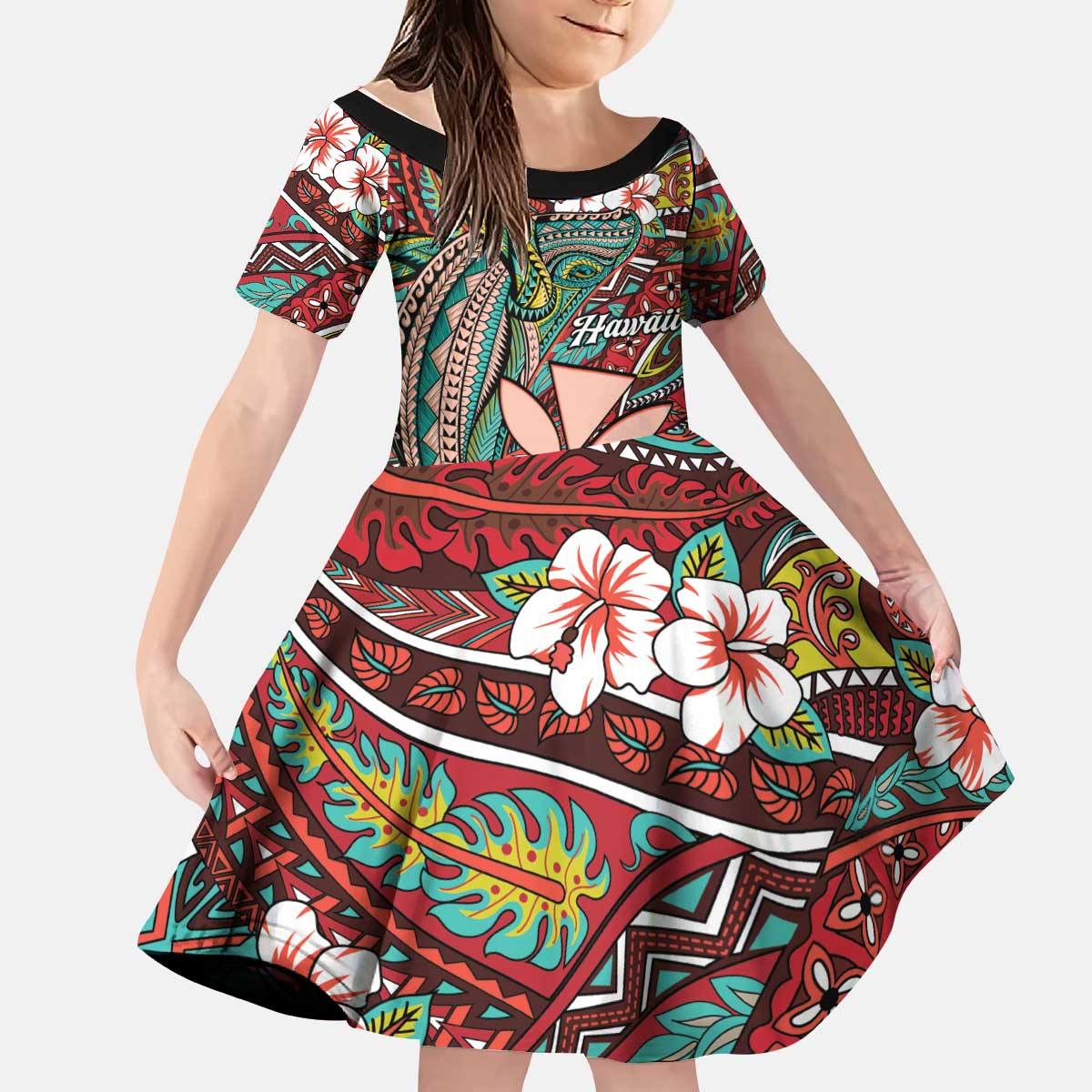 Personalised Hawaii Tribal Humpback Whale Kid Short Sleeve Dress Ulaula Hibiscus Seamless Pattern LT9 KID Red - Polynesian Pride