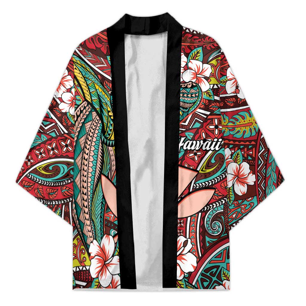Personalised Hawaii Tribal Humpback Whale Kimono Ulaula Hibiscus Seamless Pattern LT9 Unisex Red - Polynesian Pride