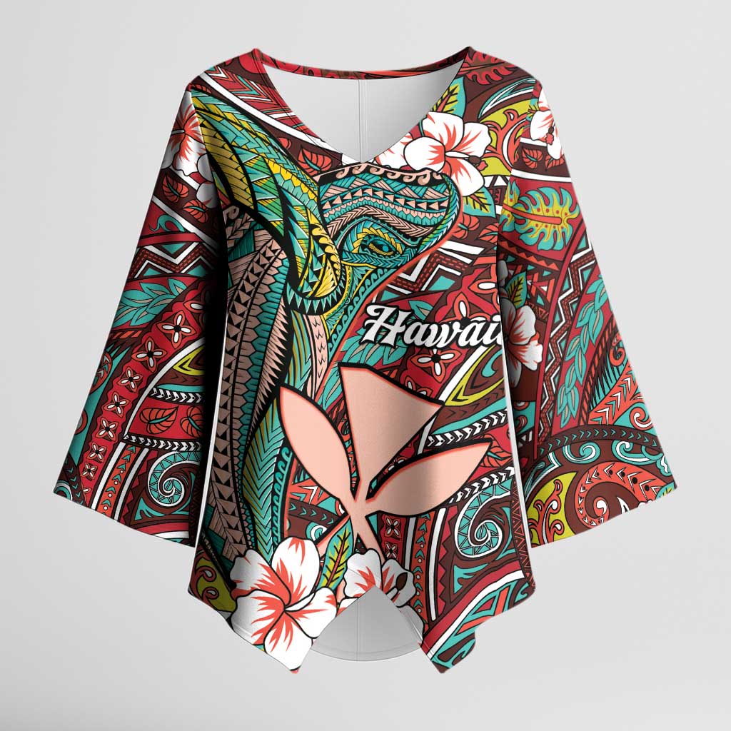 Personalised Hawaii Tribal Humpback Whale Kimono Sleeve Blouse Ulaula Hibiscus Seamless Pattern LT9 Female Red - Polynesian Pride