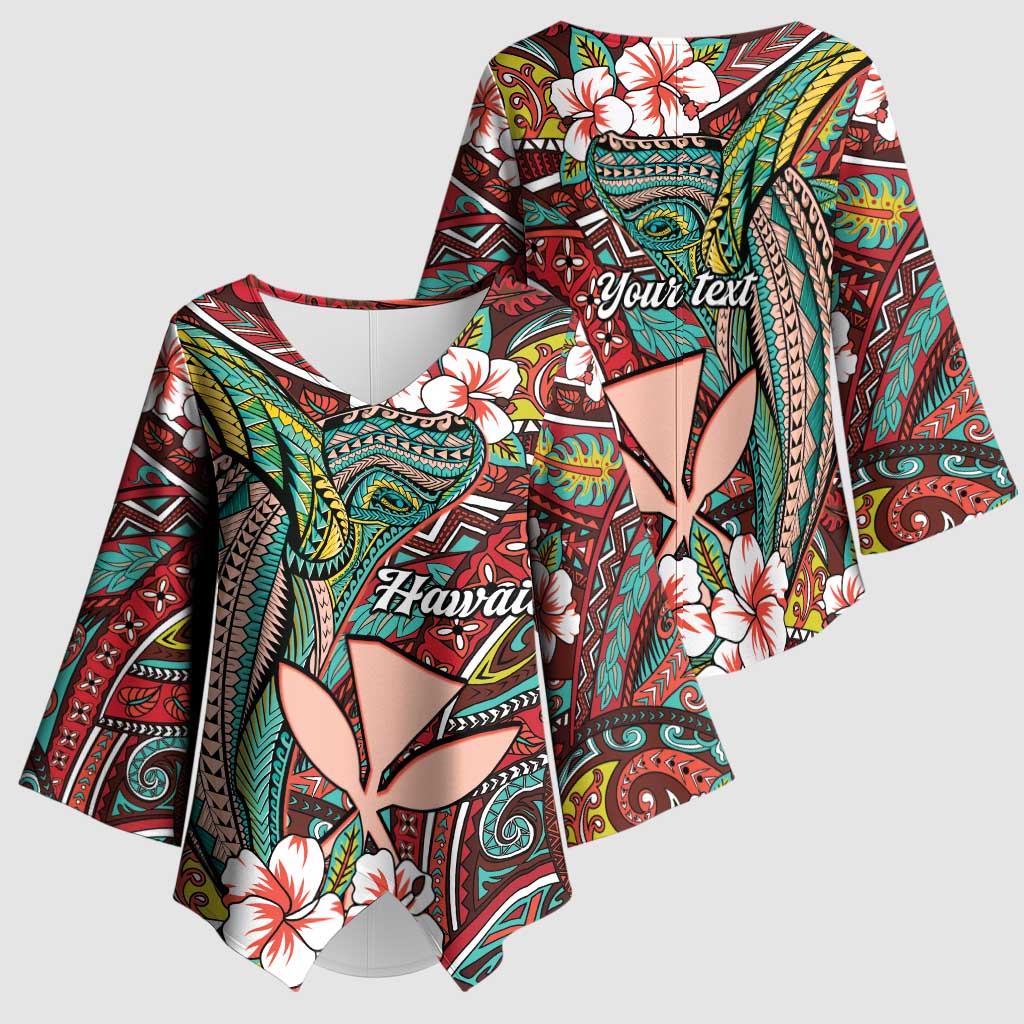 Personalised Hawaii Tribal Humpback Whale Kimono Sleeve Blouse Ulaula Hibiscus Seamless Pattern LT9 - Polynesian Pride